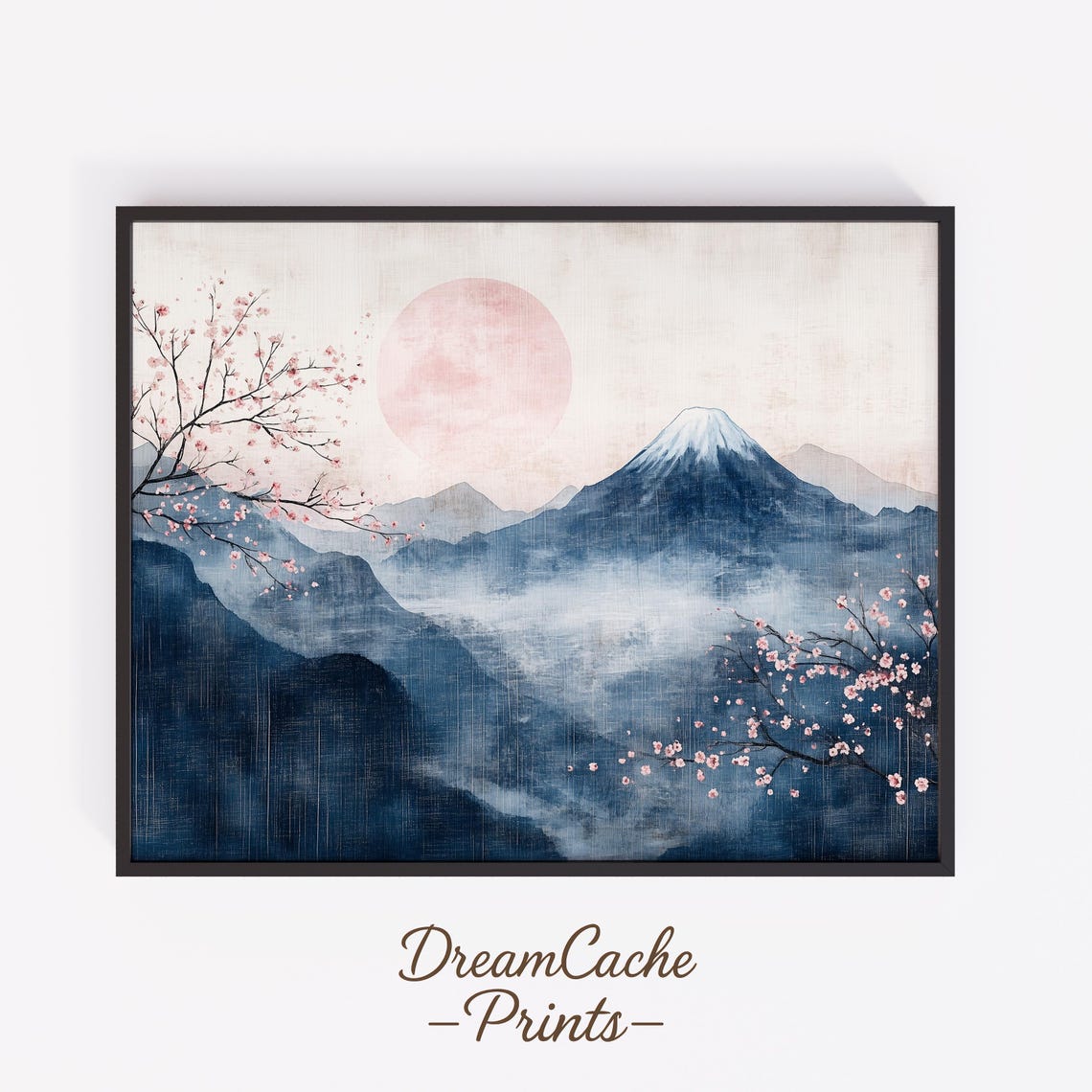 Mount Fuji Under A Large Pink Moon Indigo Mountains Wall Art