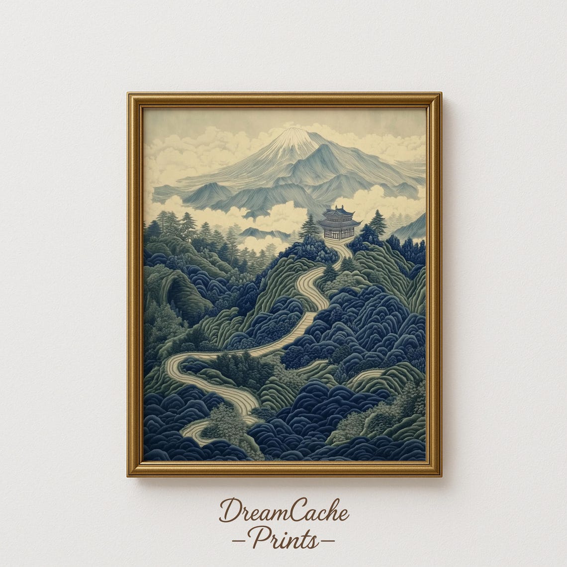 Mount Fuji Winding Road With Hillside Temple Sage Green Poster