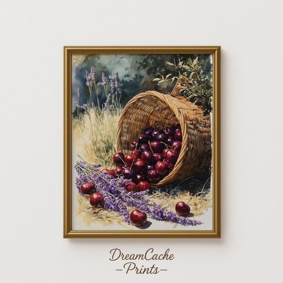 Cherry Basket Watercolor Print Ink Summer Fruit Art Rustic Picnic Still Life Painting Botanical Wall Decor 119