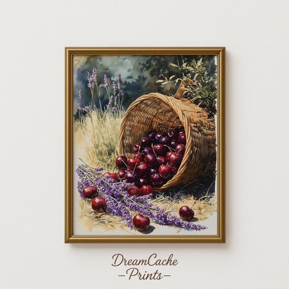 Cherry Basket With Lavender Sprigs Watercolor Still Life Print