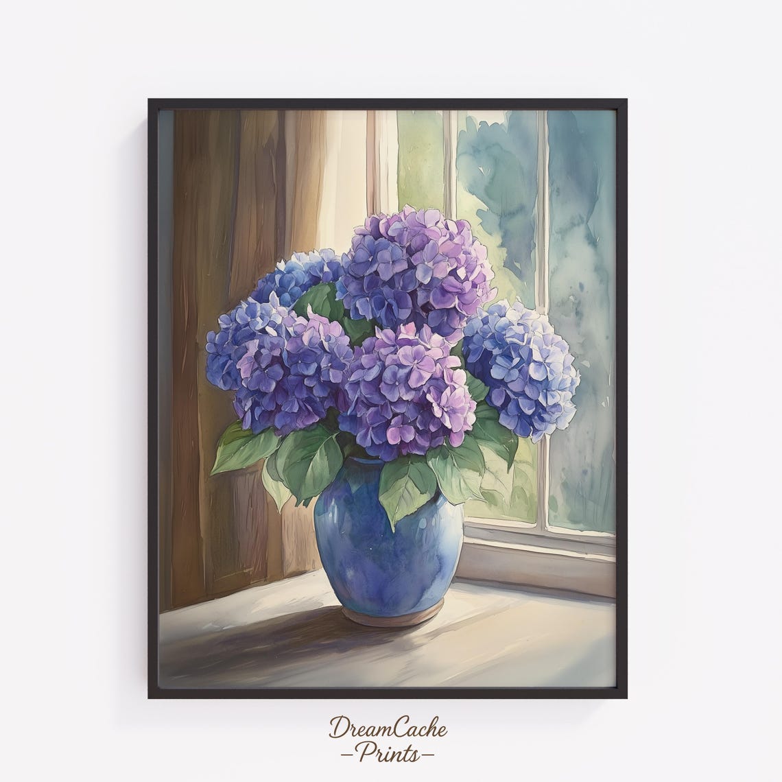 Hydrangea Blossoms in Blue Vase Watercolor Floral Still Life Poster