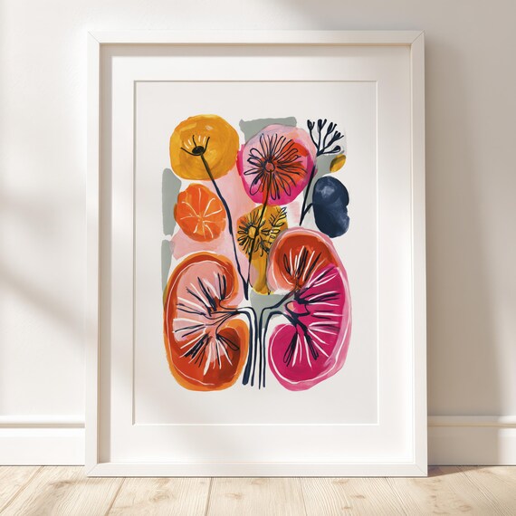 Human Kidneys Poster Abstract Gouache Anatomy Art Colorful Modern Medical Science Print