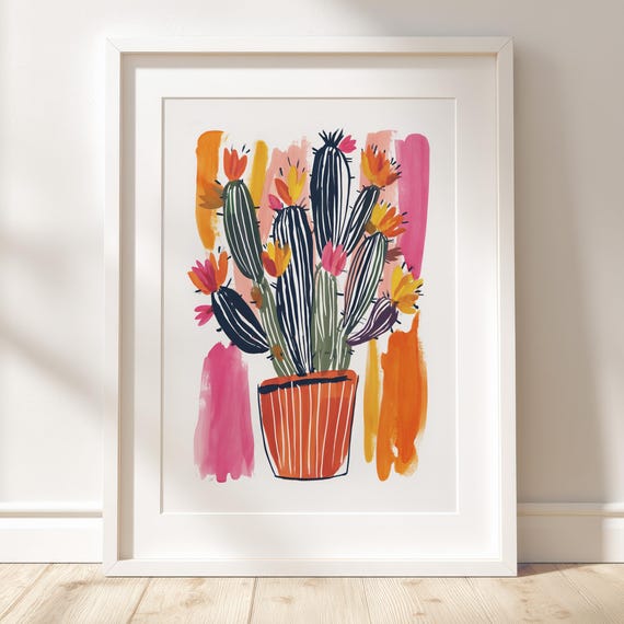 Cactus Pot Poster Colorful Gouache Plant Illustration Vibrant Botanical Desert Wall Art