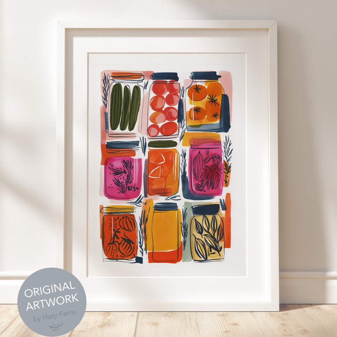 Kitchen Jars Gouache Art Poster Colorful Preserves Pickles Tomatoes Decor