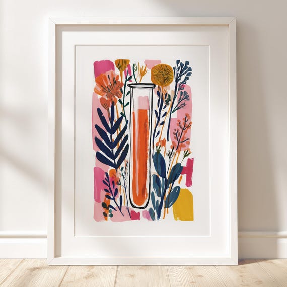 Test Tube Botanical Art Modern Gouache Chemistry Poster Colorful Floral Science Print