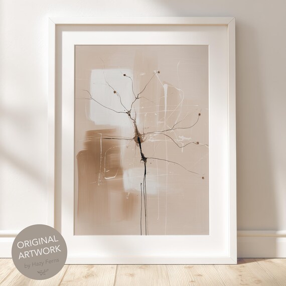Abstract Neuron Print Neutral Psychology Office Poster Minimalist Brain Art Beige Neuroscience Decor