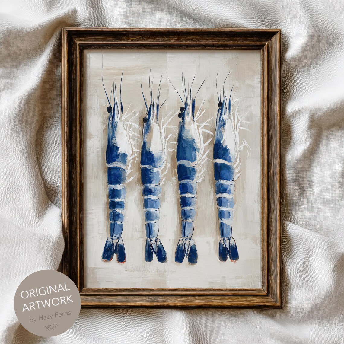 Blue Shrimp Row Minimalist Coastal Kitchen Seafood Art Poster