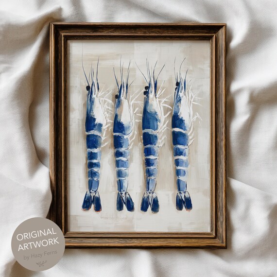 Blue Shrimp Row Minimalist Coastal Kitchen Seafood Art Poster