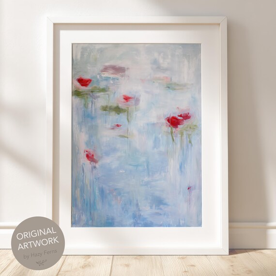 Abstract Rose Print Neutral Blue Textured Floral Wall Art