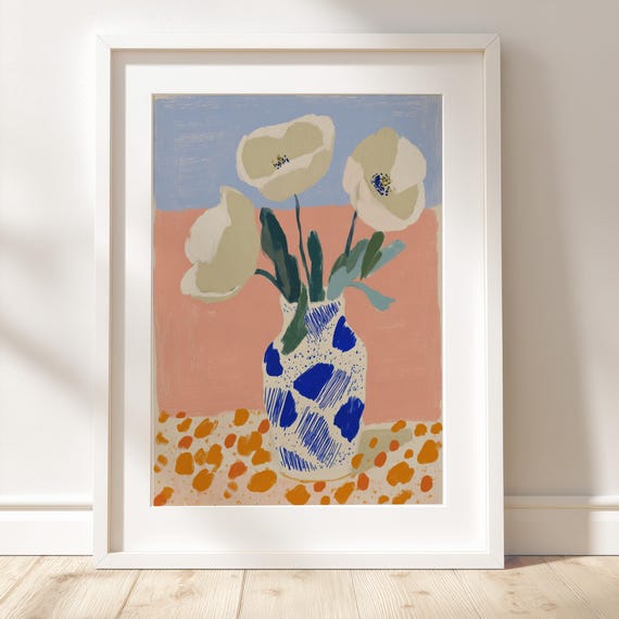 White Poppies In Vase Line Art Minimal Botanical Illustration