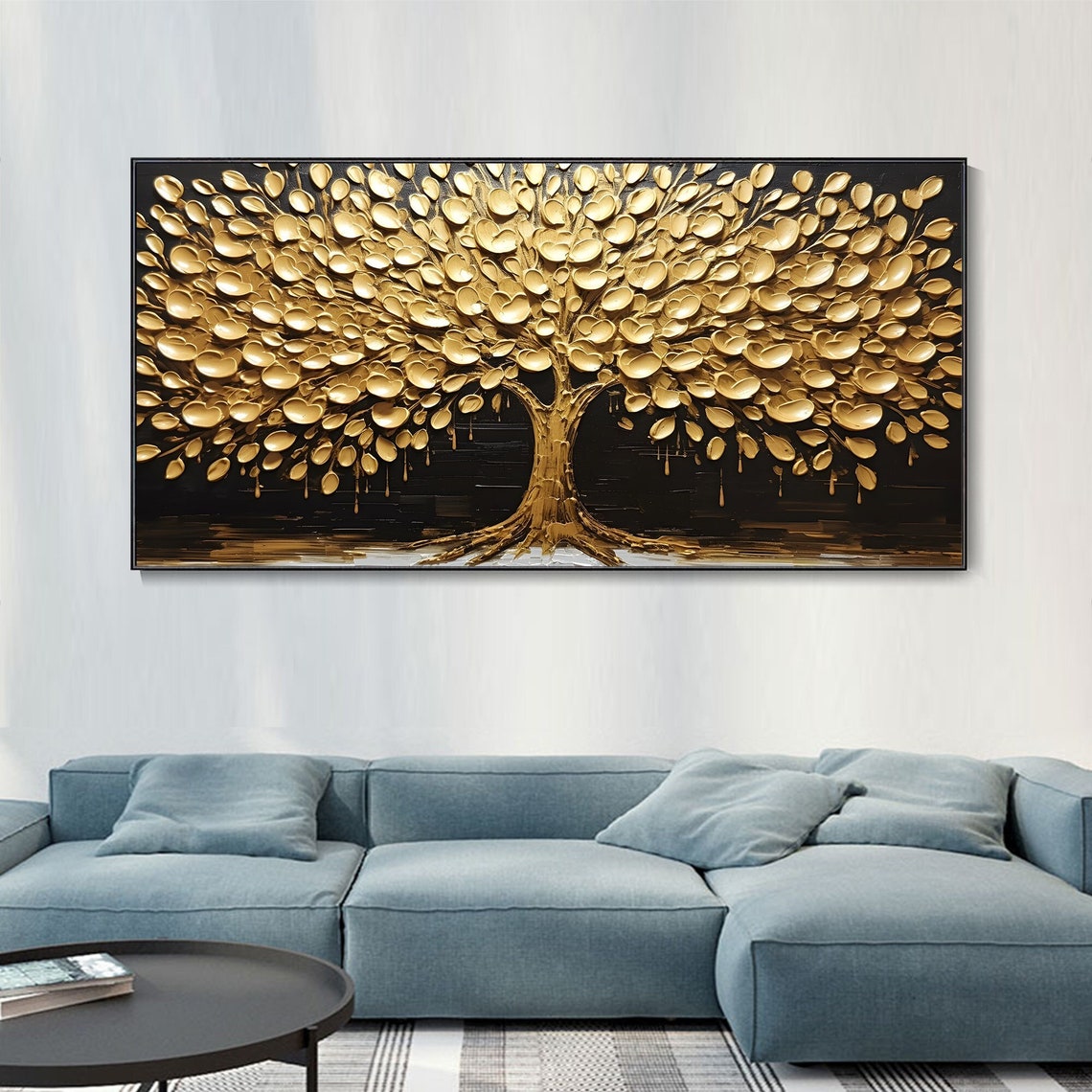 Golden Tree of Life Black Background 3D Gold Leaf Oil Painting Poster