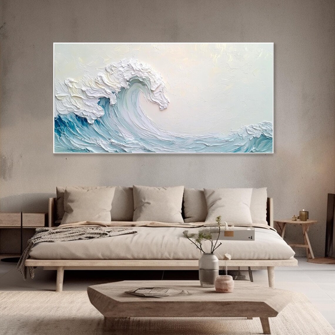 Minimalist White Ocean Wave Textured Wabi Sabi Calm Seascape Painting Poster