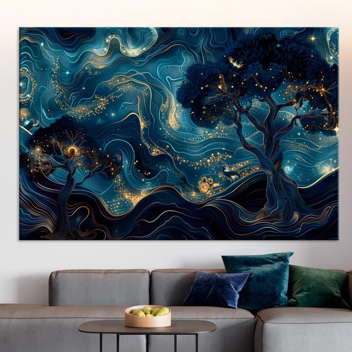 Starry Night Magic Forest Blue Gold Swirl Trees Dreamy Landscape Wall Art