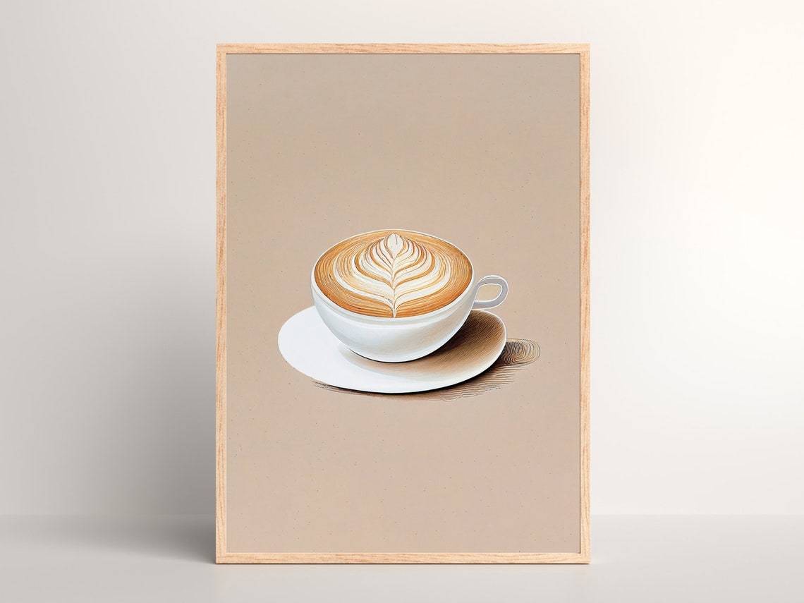 Minimalist Latte Art Coffee Cup on Beige Retro Kitchen Poster