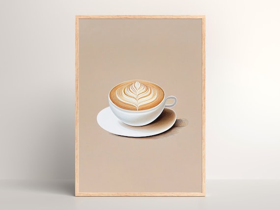 Minimalist Latte Art Coffee Cup on Beige Retro Kitchen Poster