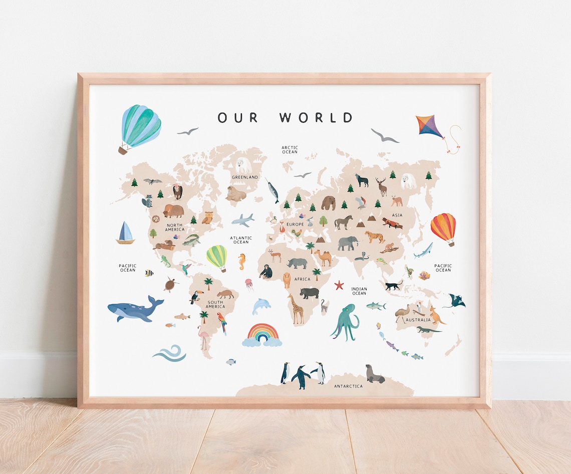 Animal World Map Nursery Map Safari Animals Poster - Image 4