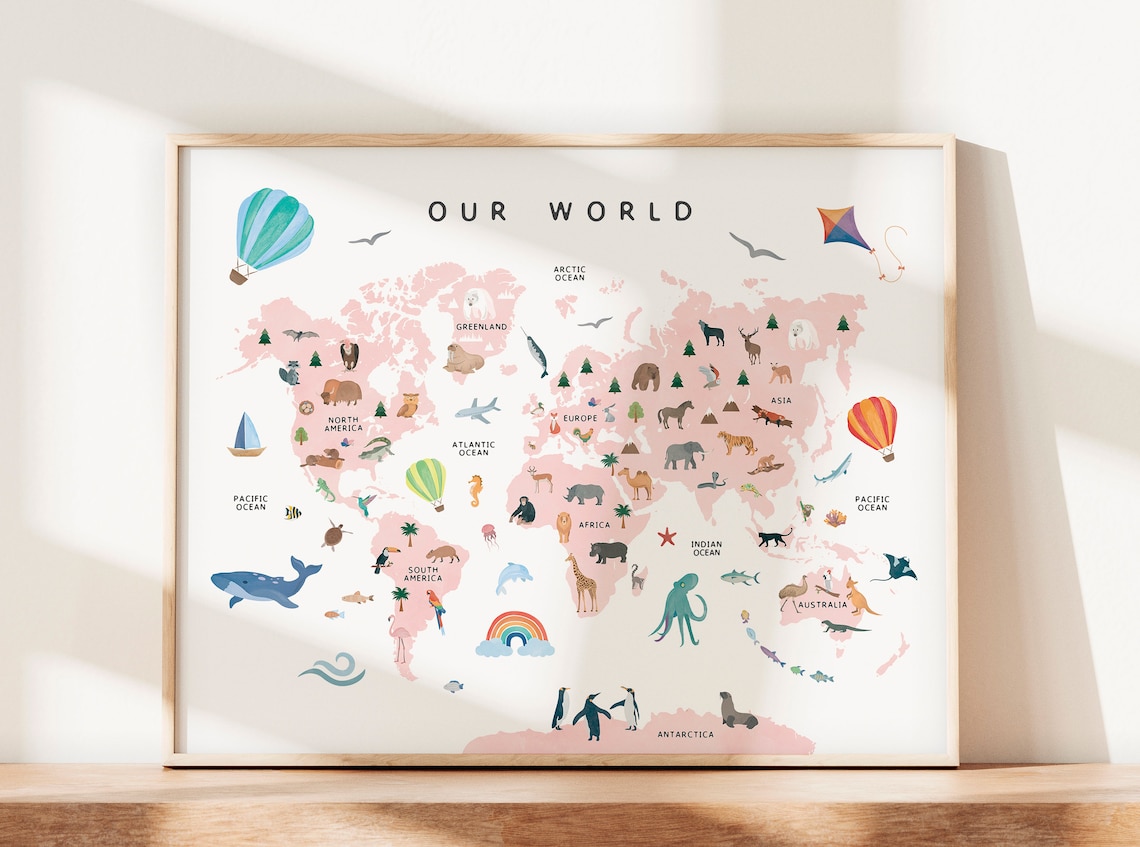World Map Pink Nursery Educational Poster