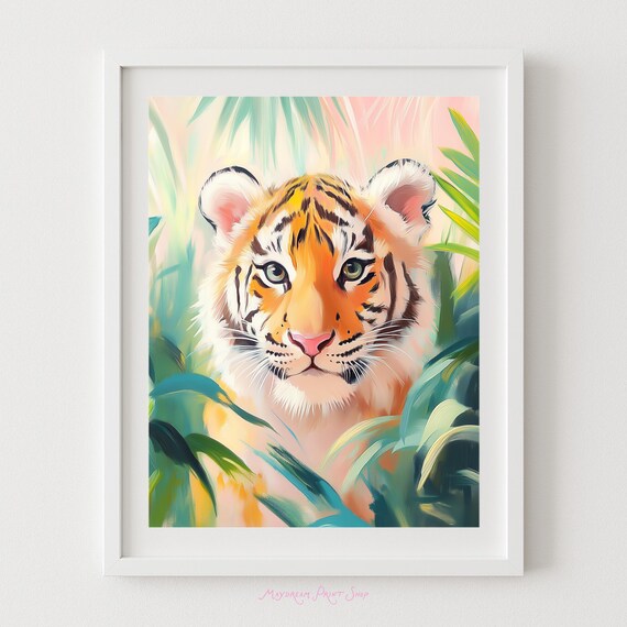 Tiger Cub Jungle Wall Art Palm Leaves Big Cat Print Kids Bedroom Tropical Nursery Decor Pastel Colorful Animal