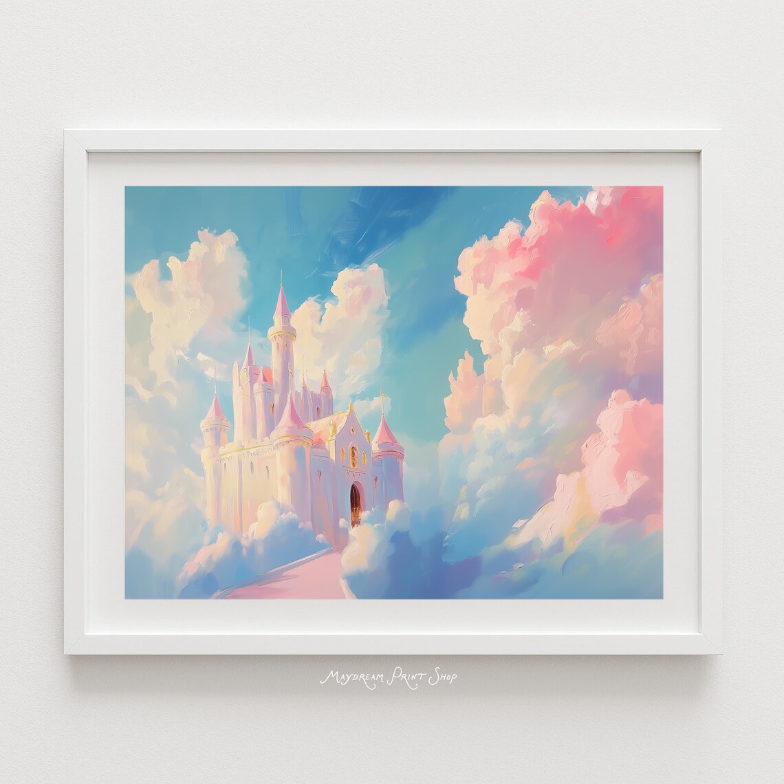 Dreamy Fairytale Castle Floating Pink Clouds Fantasy Art Poster