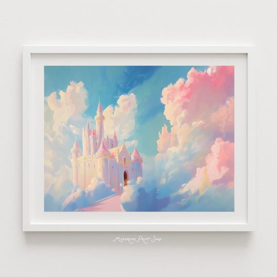 Castle In The Clouds Wall Art Pastel Fairytale Princess Childrens Fantasy Bedroom Dreamy Landscape Poster