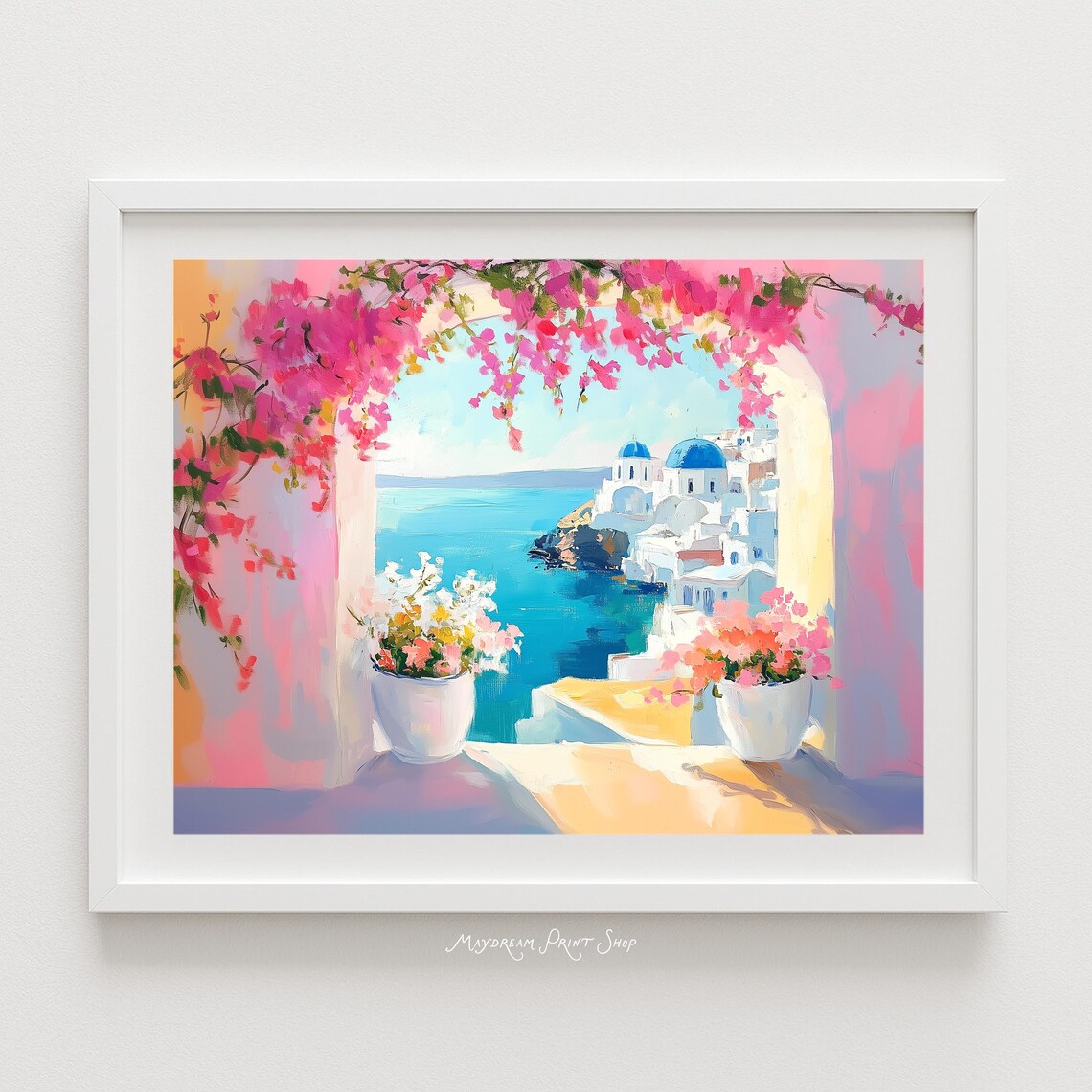 Santorini Blue Domes Bougainvillea Arch Pastel Horizontal Art Poster