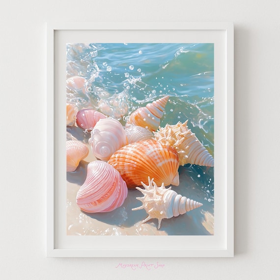 Pastel Seashells on Shore Ocean Wave Splash Beach Coastal Wall Art