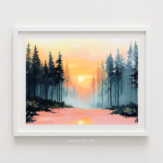 Halloween Forest Lake Art Dark Trees Pink Lakeside Print Sunrise Sky Painting Goth Landscape Autumn Decor