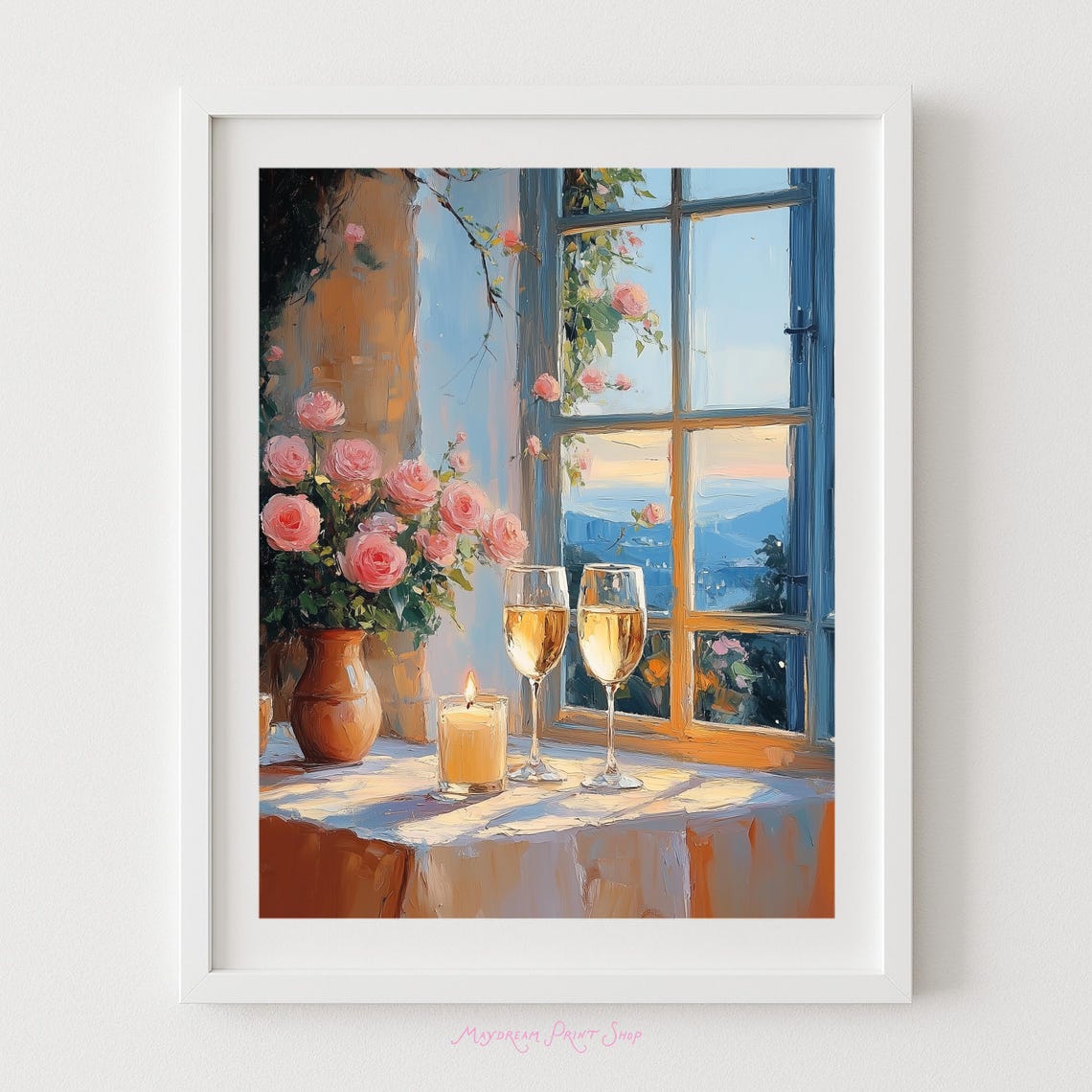 Wine Glasses Candle Roses Coastal Window Sunset Painting Wall Poster
