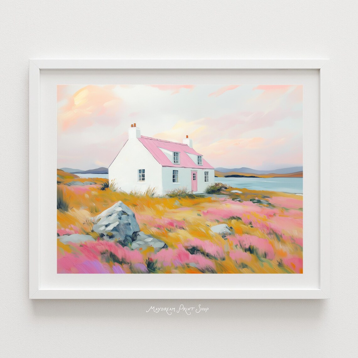Pink Cottage Landscape, Scottish Highlands Art Print