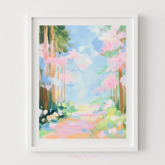 Abstract Pastel Forest Landscape Painting Colorful Art Pink Green Blue Home Decor Pacific Northwest Instant