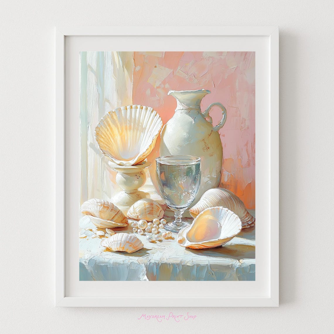 Ivory Seashells and Pearls Romantic Coastal Still Life Poster