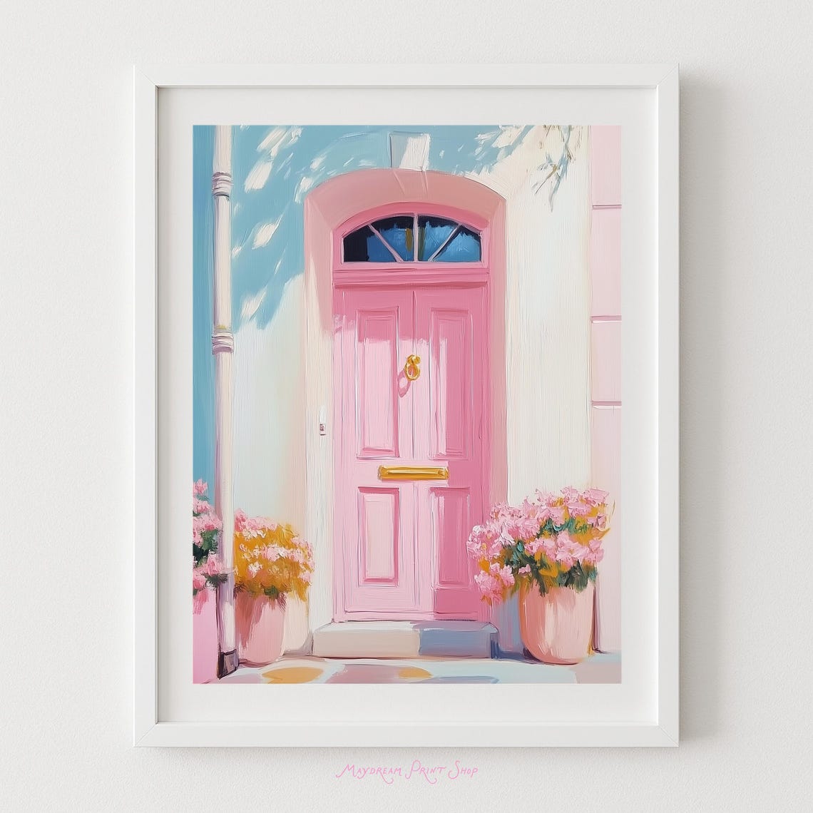 Charming Pink Front Door Flower Pots Pastel Cottage Art Poster