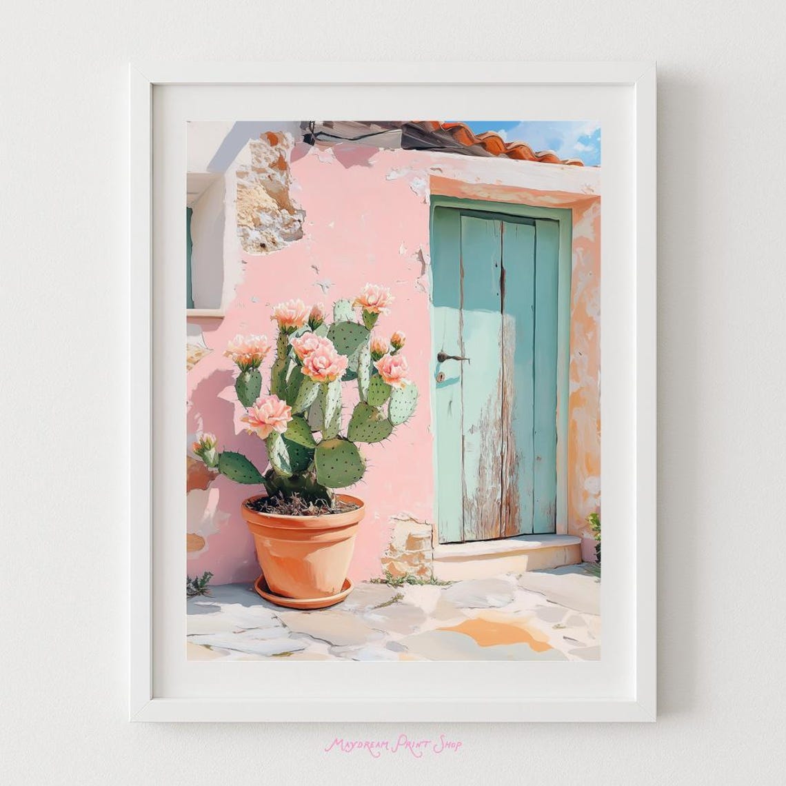 Blooming Cactus Beside Pink Door Pastel Mediterranean Art Print