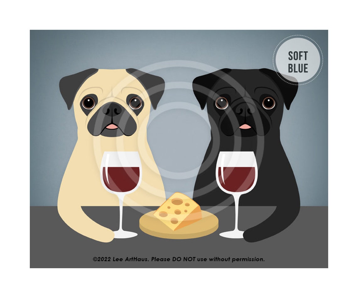 Two Pugs Wine and Cheese Night Red Wine Glasses Funny Dog Poster - Image 2