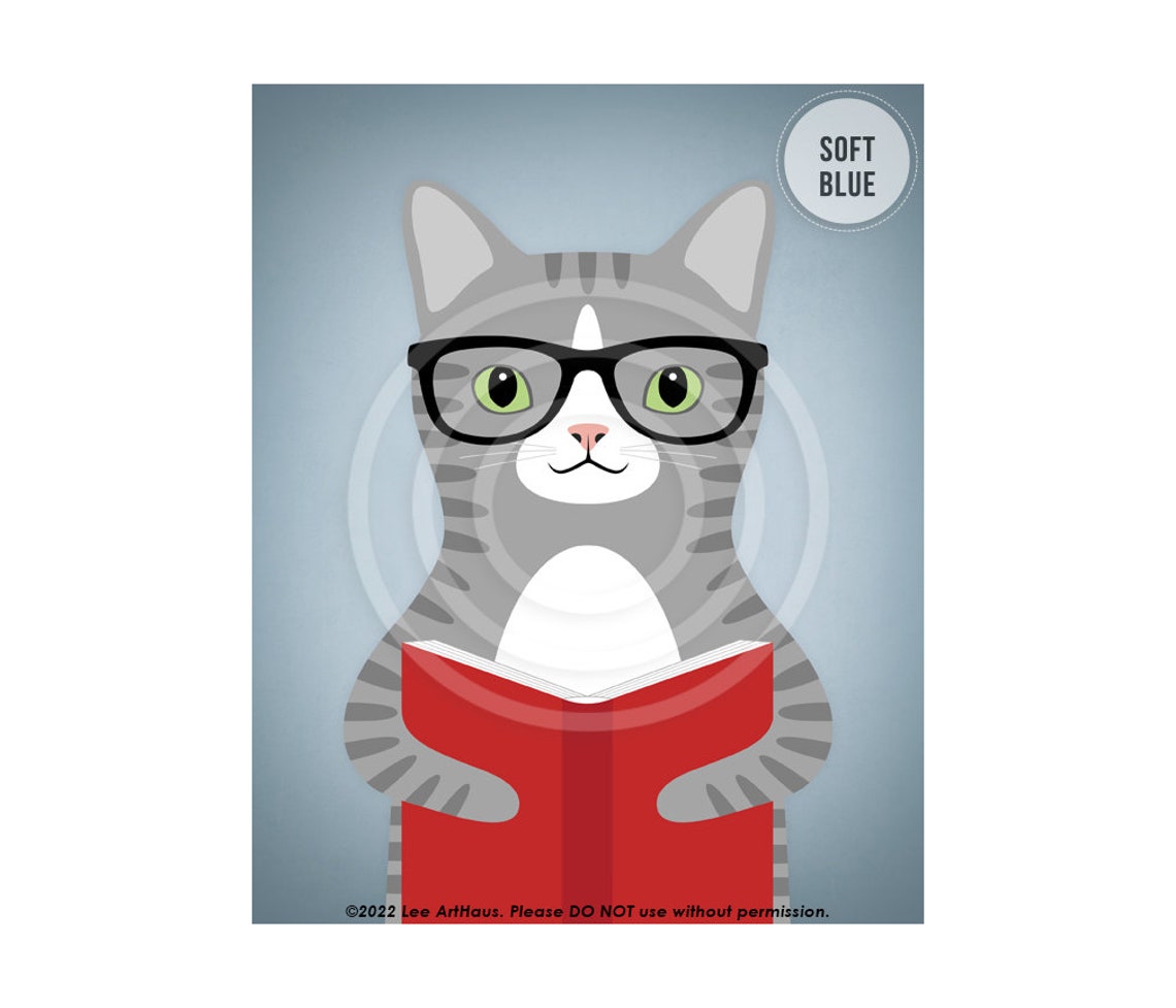 Gray Tabby Cat Glasses Reading Book Pink Library Wall Art Poster - Image 2