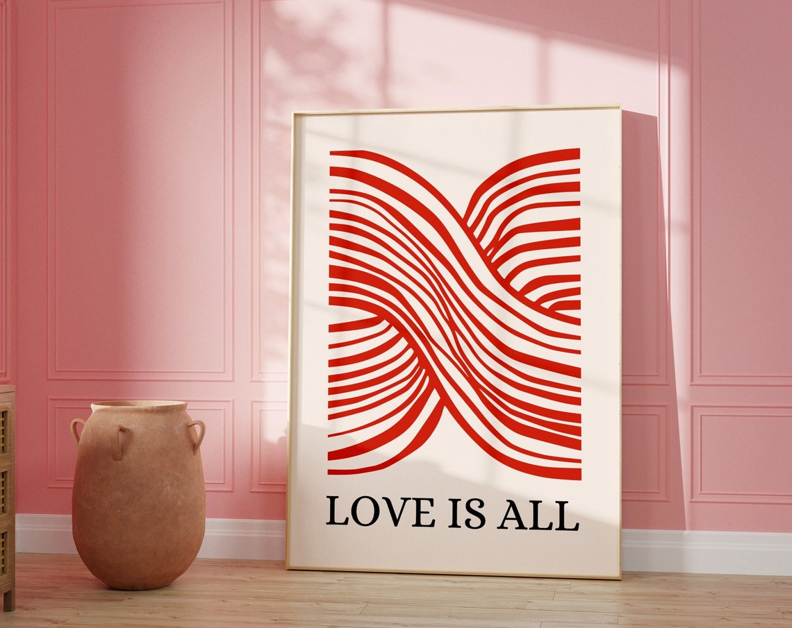 Love Is All Red Abstract Minimal Wavy Line Modern Art Poster