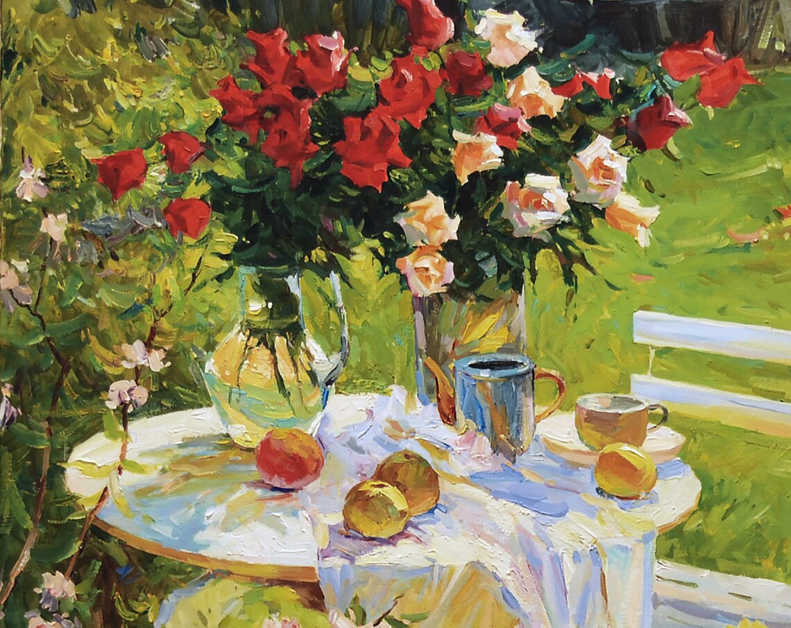 Tea Roses Painting, Original Still Life Home Decor - Image 2
