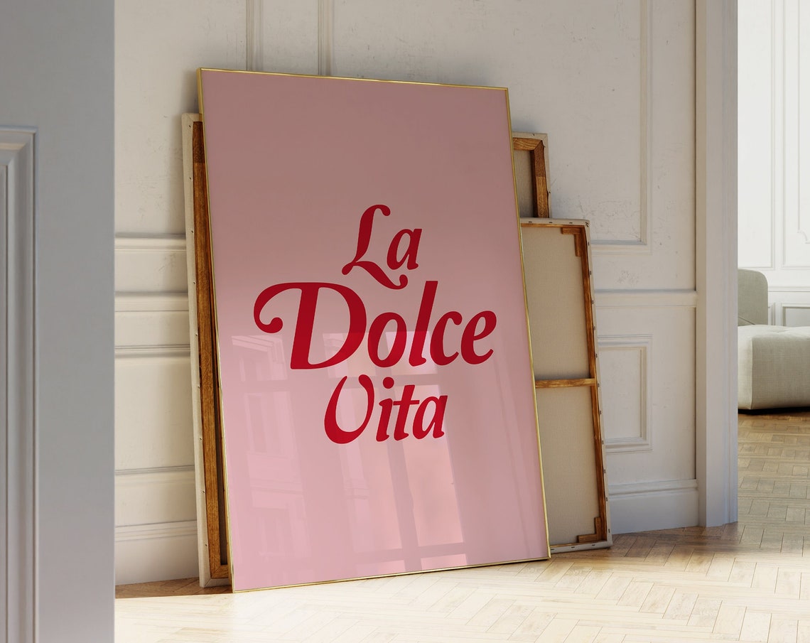 La Dolce Vita Bold Red Retro Script On Soft Pink Quote Poster