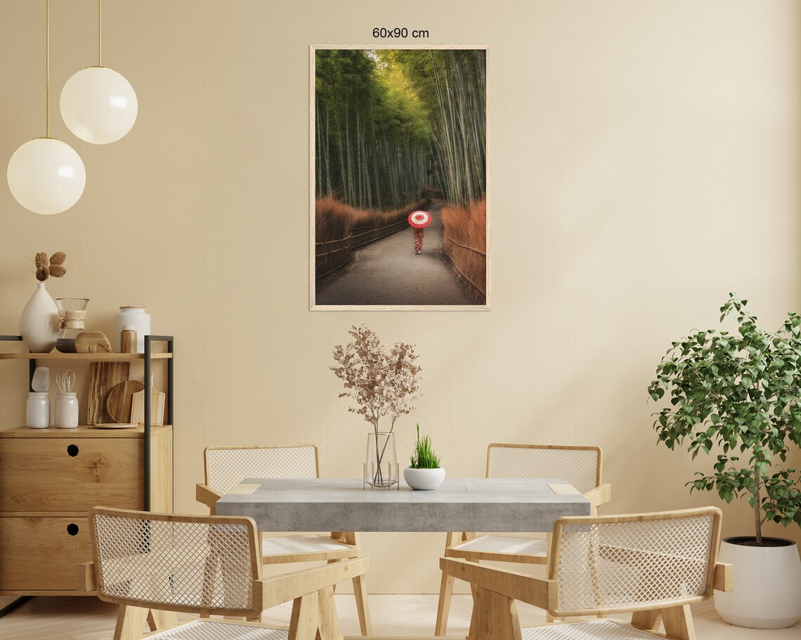 Bamboo Forest Path With Woman In Kimono Holding Red Umbrella Poster - Image 2