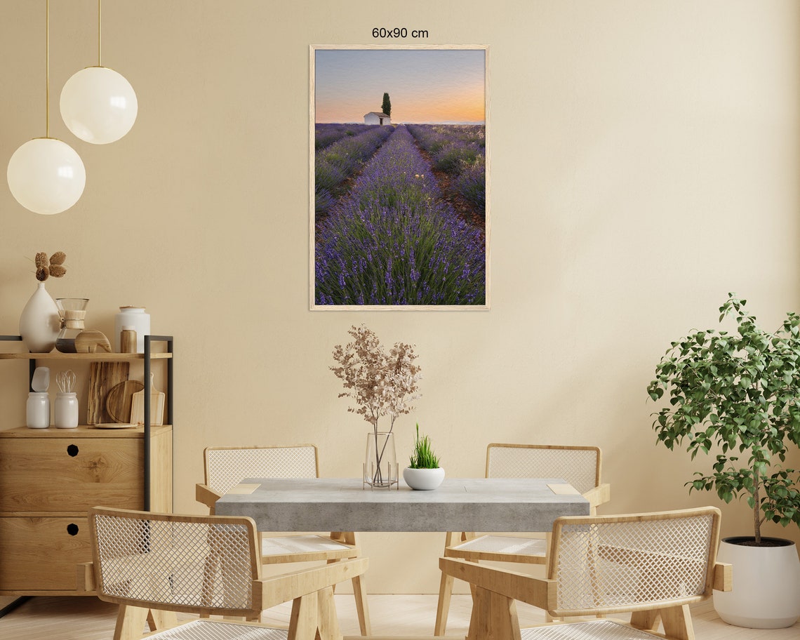 Provence Lavender Field Rows At Sunset With Countryside Cottage Poster - Image 2