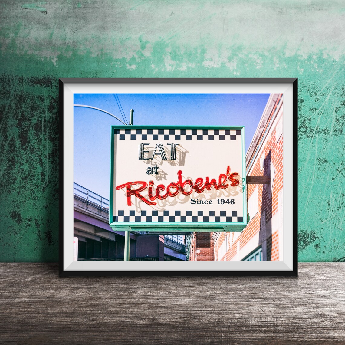 Eat At Ricobenes Checkered Neon Restaurant Sign Since 1946 Poster