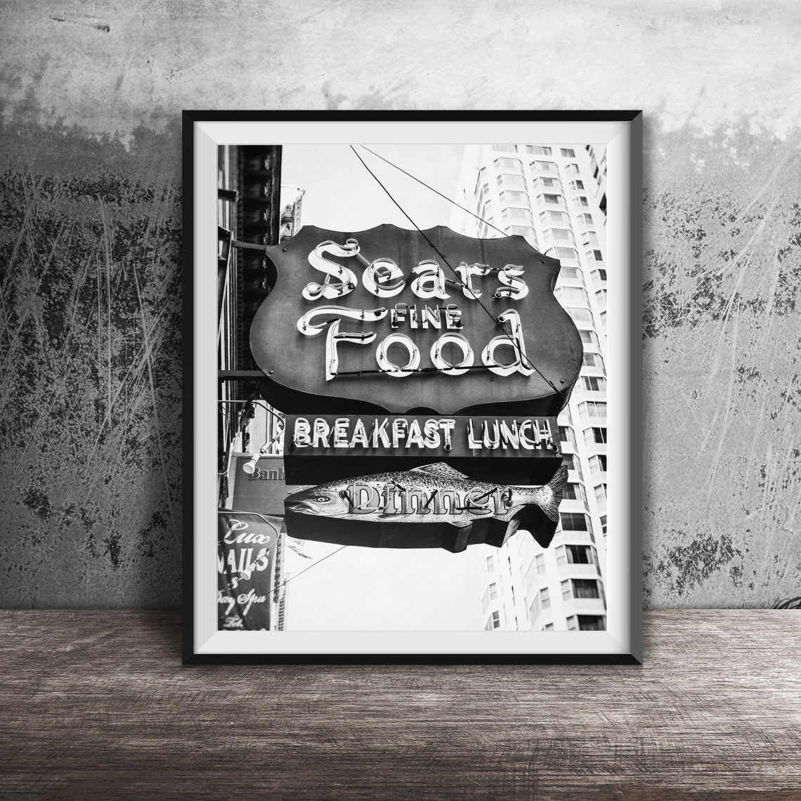 Sears Fine Food San Francisco Green Neon Shield Fish Sign Poster - Image 2