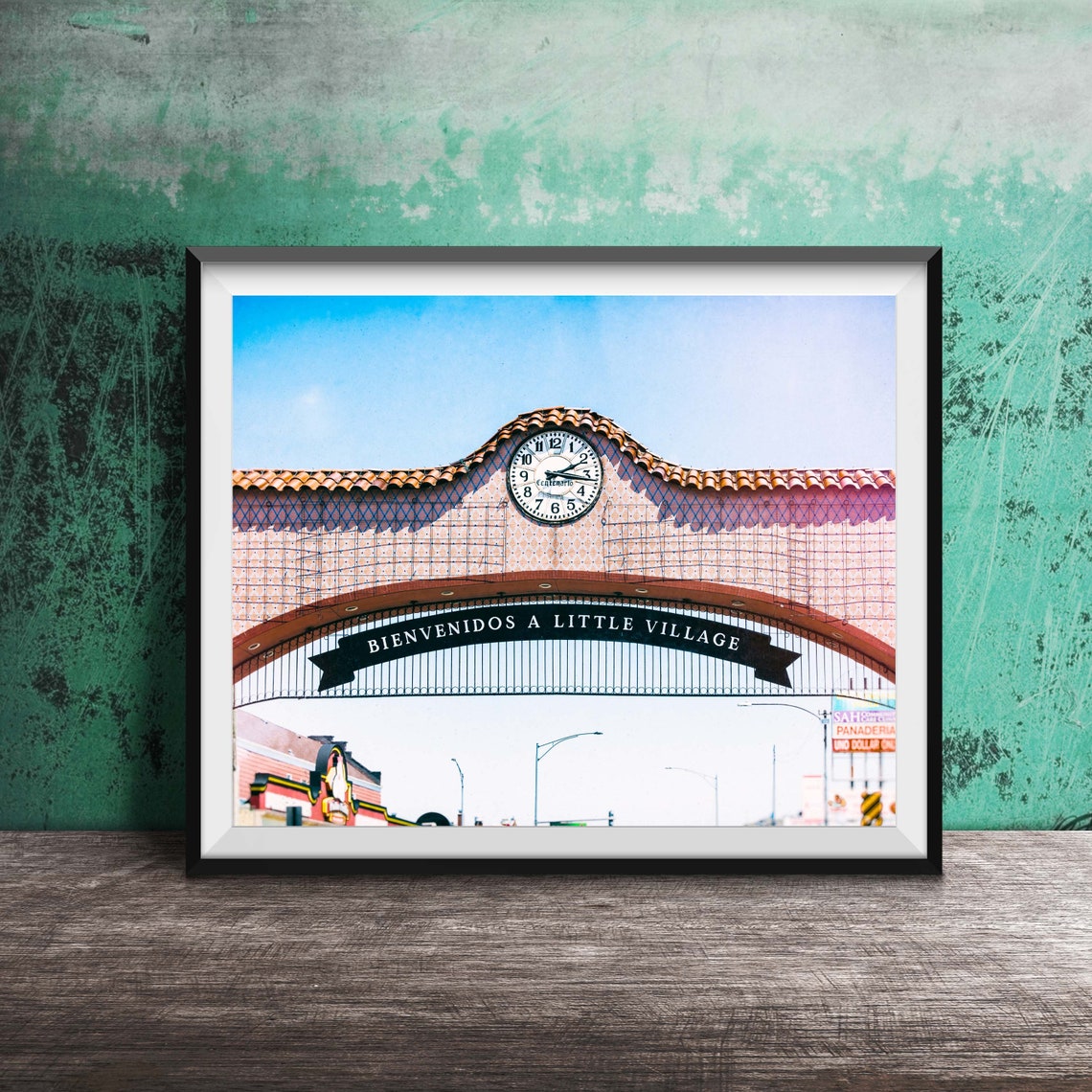 Bienvenidos a Little Village Tiled Arch Clock Photography Poster