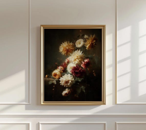 Vintage Fall Floral Print Moody Autumn Flower Painting Dark Botanical Decor Room Thanksgiving Wall Art Gift