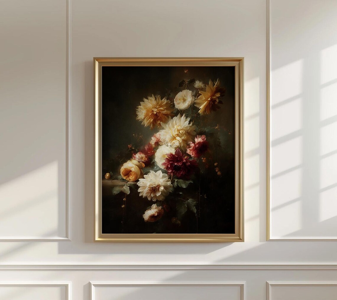 Moody Dark Floral Still Life Dahlias Roses Oil Painting Style Print