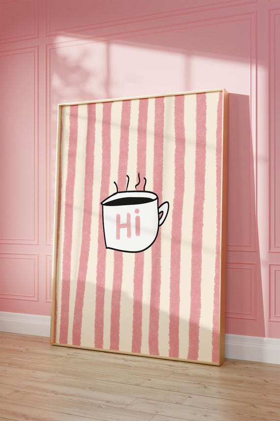 Coffee Print Retro Art Pink Stripes Trendy Wall Decor Modern Kitchen Food Home Dorm Apartment
