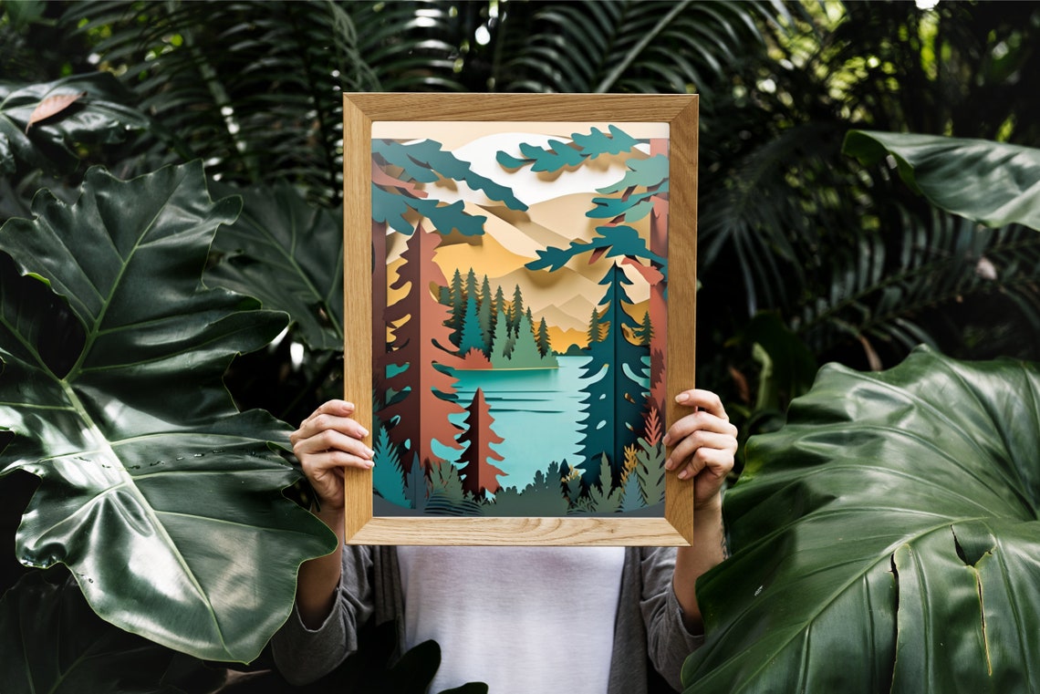 Layered Paper Cut Forest Lake Mountain Sunset Landscape Art Poster - Image 4