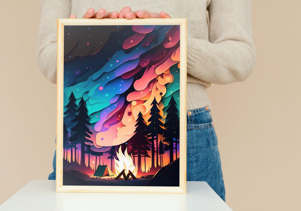 Campfire Northern Lights Art Print, Minnesota Lake House - Image 3