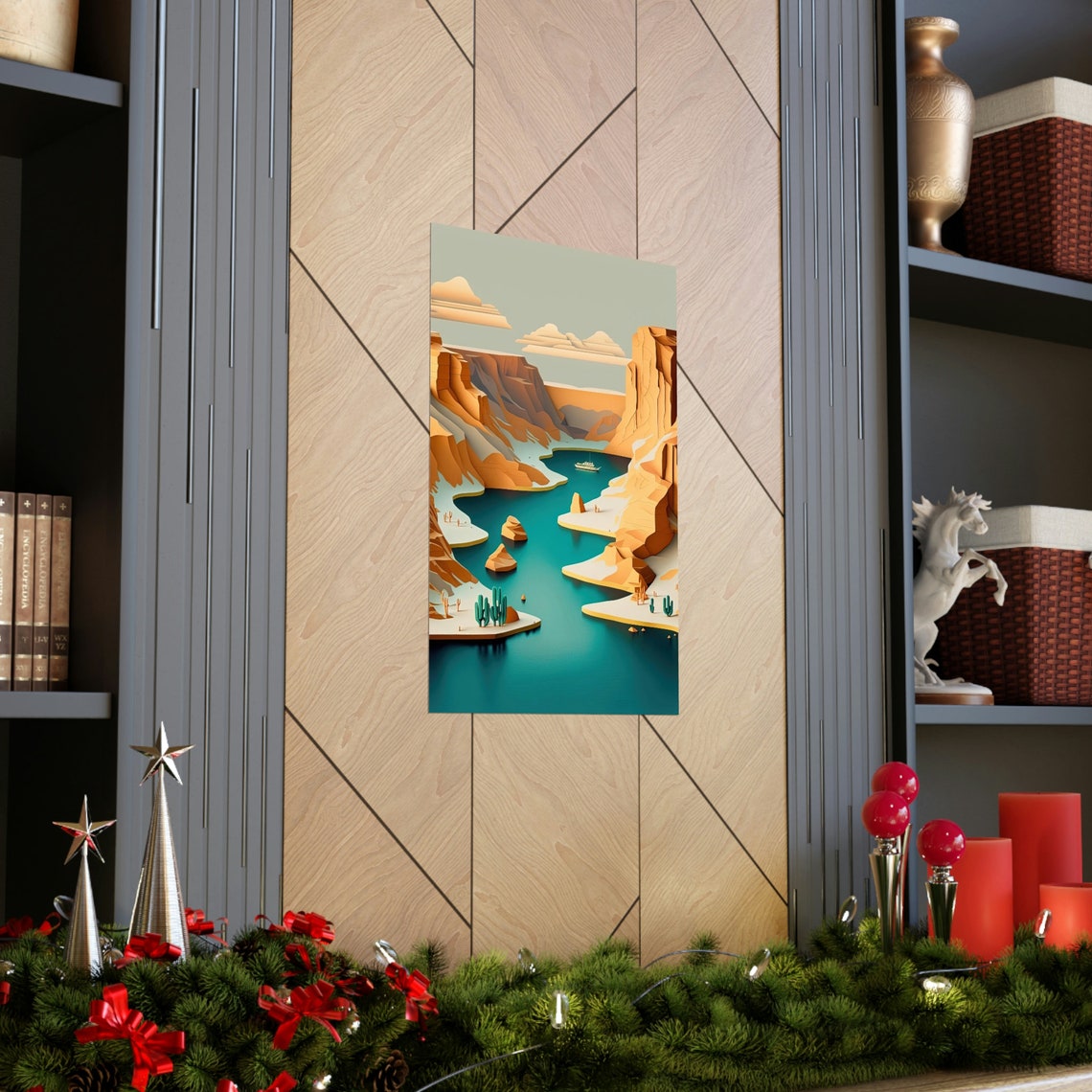 Desert Canyon River Boat Paper Cut Style Turquoise Water Poster - Image 2