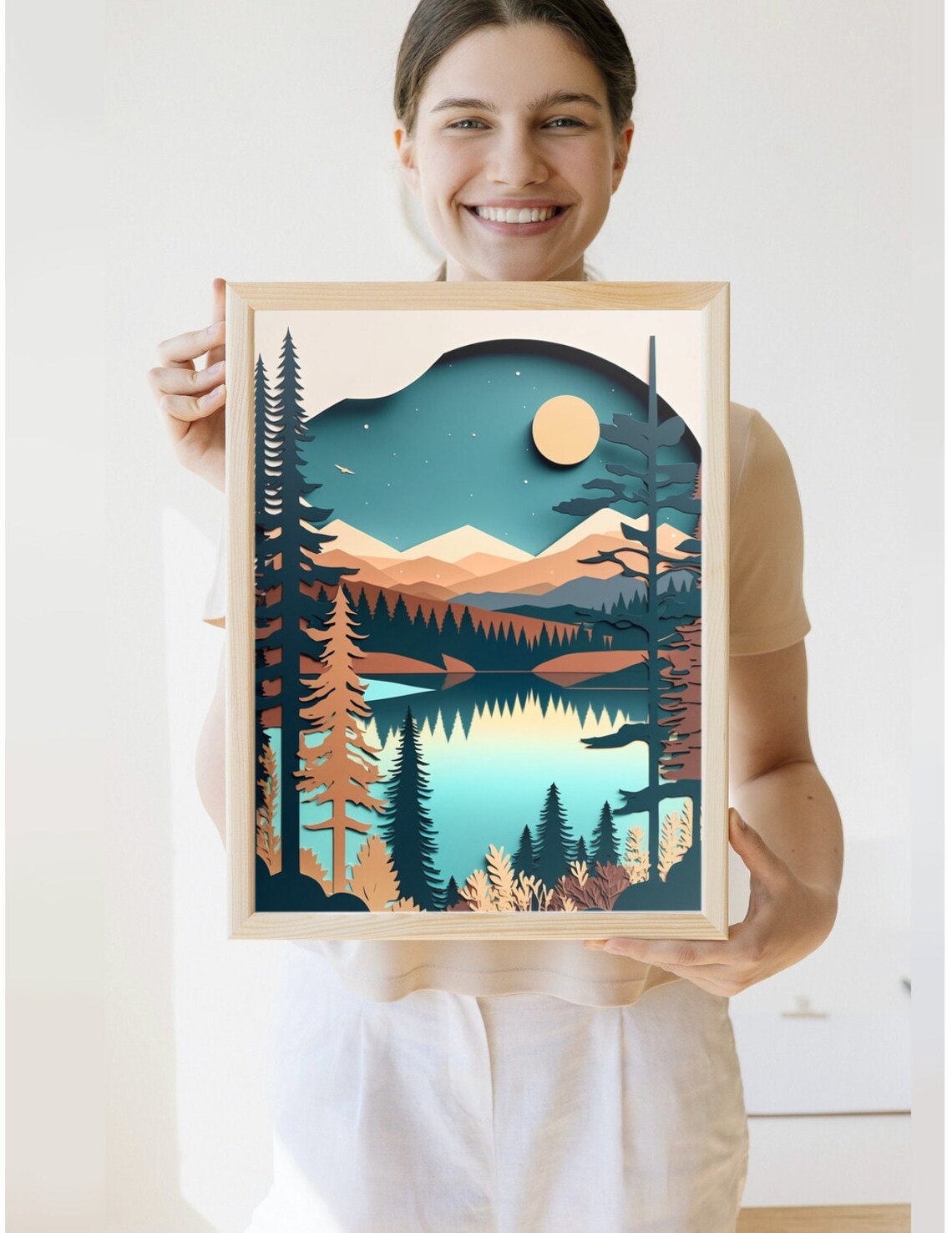 Mountain Lake Art Print, Neutral Modern Decor